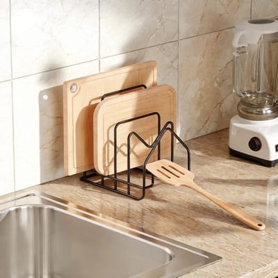 Snijplankhouder met 4 Compartimenten, Dekselhouder en Keukenorganizer voor Potdeksels van 16-34 cm, Ideaal voor Keukenopslag en Ruimtebesparing, Zwart