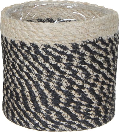 Mica Decorations Plantenmand - naturel met zwart - rotan - 14 cm - Met plastic binnenkant
