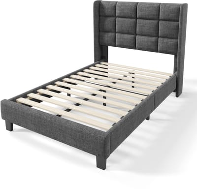 Gestoffeerd bed met gestoffeerd hoofdeinde, eenpersoonsbed, lattenbodem, 90x200 cm, grijs linnen, gemiddelde stevigheid (inclusief binnenveringmatras).