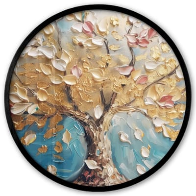 Poster in lijst Rond - Fotolijst 40x40 cm - Posters - Boom - Blauw - Goud - Abstract - Modern - Ronde posterlijst zwart - Decoratie - Wanddecoratie woonkamer - Muurdecoratie slaapkamer