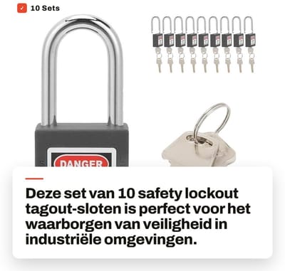 Dailygoods- Veiligheidshangsloten Set van 10 - Stalen Balk - Anti Corrosie - Technisch Kunststof - Versterkt Nylon - Beschrijfbaar Label - Hangslot