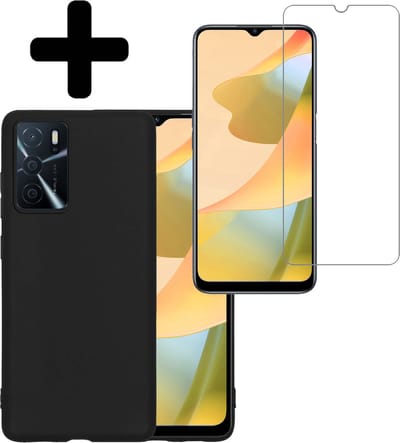 Hoesje - Met Screenprotector - Geschikt voor OPPO A16s - Sterk & Shockproof - Back Cover - Siliconen Case - Telefoon Hoes - Telefoonhoesjes - Zwart