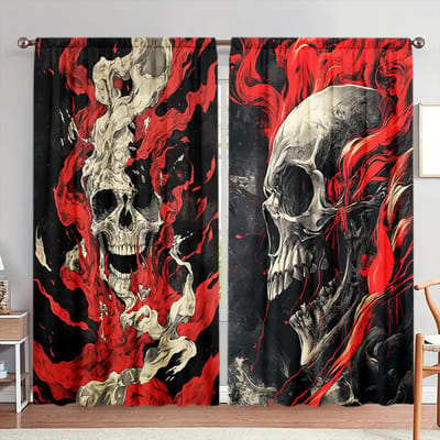 2 stuks Gordijn met Ghost Rider-print voor Halloween Huisdecoratie - Tunnel voor roede Raambekleding voor Slaapkamer, Kantoor, Keuken 52.5cmX116cm X 2pcs beige