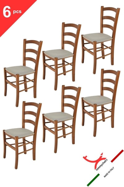 Tommychairs Venice - Eetkamerstoelen - Set van 6 - Licht Walnoot & Licht Bruin - Kunstleer & Hout