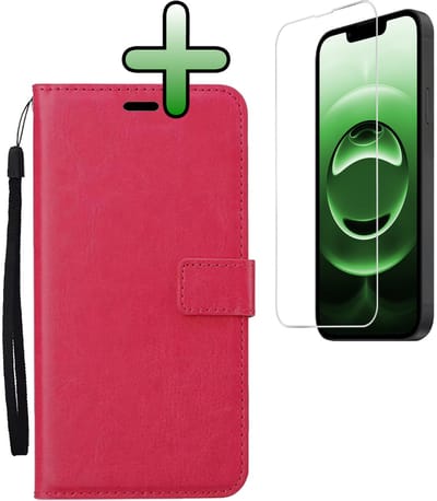 Hoesje Met Screenprotector - Geschikt voor Apple iPhone 16e - Luxe Pasjeshouder - Bookcase Portemonee - Flip Case - Kunstleer Book Case - Flipcase - Book Cover - Walletcase - Portemonneehoes - Donkerroze