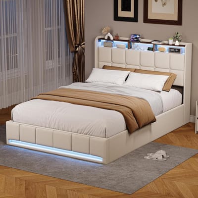 Gestoffeerd Bed - Opbergbed Linnen - Slaapkamer Inrichten - Met Led en Opladen - 140x190 cm - Beige