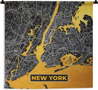 Wandkleed - Wanddoek - Goud - Stadskaart - Plattegrond - New York - Kaart - 180x180 cm - Wandtapijt