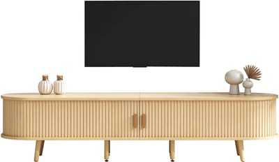 Licht Notenkleur Mdf Tv Meubel 175x40x42cm Woonkamer Ovaal Schuifdeuren Lades Houten Poten