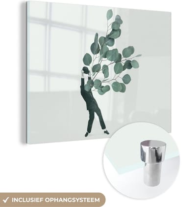 MuchoWow® Glasschilderij 120x90 cm - Schilderij acrylglas - Ballon - Man - Retro - Foto op glas - Schilderijen