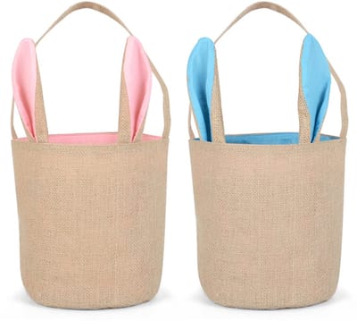Mand, mand met konijnenoren, 2 mandjes voor paashaas, jutezak, paaseiermand, blauw en roze, voor het vullen van paaseieren