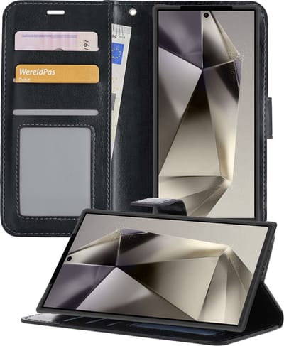 Hoesje - Met Pasjeshouder - Geschikt voor Samsung Galaxy S24 Ultra - Luxe Bookcase Portemonee - Flip Case - Kunstleer Book Case - Flipcase - Book Cover - Walletcase - Portemonneehoes - Telefoonhoesjes - Zwart