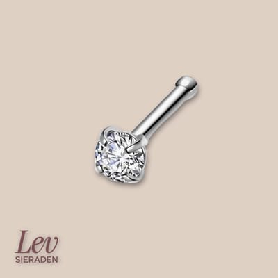 Lev Sieraden - Titanium Stud Piercing - 0.8x7mm - Zilver met steen - 2mm Zirkonia steen - Neus knopje - 4 Prong gevat
