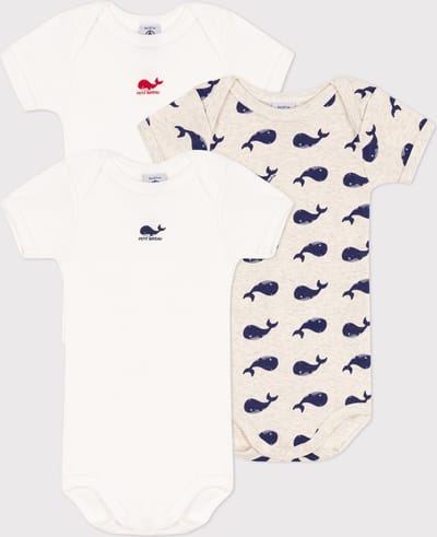 Petit Bateau Set van 3 katoenen body's met korte mouwen en walvisjes Unisex Rompertje - Wit/Blauw + Beige/Blauw + Wit/Rood