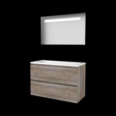 Basic-Line Economic 46 Badkamermeubelset - 100 x 46 cm - Greeploos - 2 Lades - Acryl Wastafel - 2 Kraangaten - Spiegel met LED Verlichting - Scotch Oak