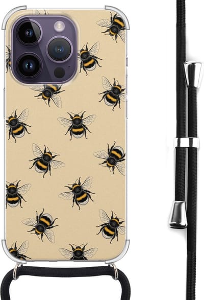 Hoesje met koord - Geschikt voor iPhone 14 Pro Max - Bijen print - Verstelbaar zwart koord - Zwart, Transparant - Print / Illustratie - Leuke Telefoonhoesjes