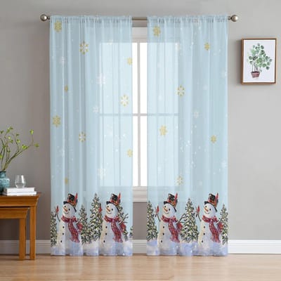 Kerstboom Sneeuwvlok Sneeuwpop Blauwe Transparante Gordijnen voor Woonkamerdecoratie Raamgordijnen Keuken Tule Voile Gordijnen W135 x H115cm x1 white