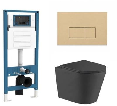 QeramiQ Dely Toiletset - inbouwreservoir Qeramiq Flush - slim zitting - kunststof beige bedieningsplaat - rechthoekige knoppen - mat zwart