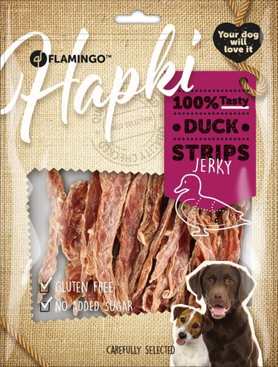 Flamingo Hapki - hondensnack - duck strips dried - glutenvrij - geen toegevoegde suiker 400 GRAM