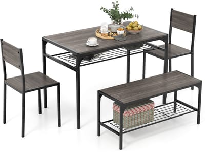 COSTWAY Eettafelset, 4-delig, keukentafel met 2 stoelen, 1 bank & plank, eetgroep, industriële eetgroep, eetkamertafel, metalen frame, bartafelset voor keuken en eetkamer (koffie)