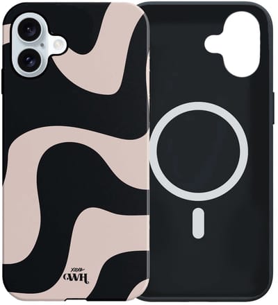 xoxo Wildhearts siliconen hoesje geschikt voor iPhone 17 MagSafe hoesje - Ride With Me - Double Layer - Magnetisch telefoonhoesje - Magneet case - Backcover met dubbele beschermlaag - Golvenprint - Golvend patroon - golven - Beige / Zwart
