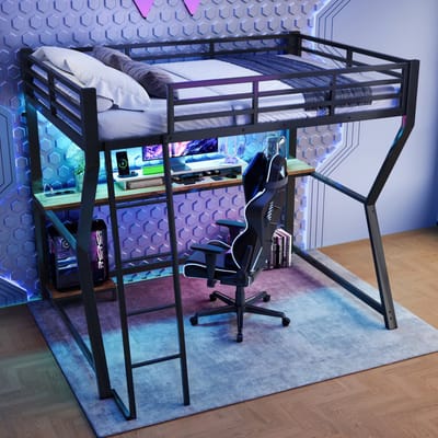 STILVORA Hoogslaper 90 x 200 cm – Met Sfeerverlichting & Bureau – Stopcontact En Usb Aansluiting – Trap En Veiligheidshek – Zonder matras – Zwart