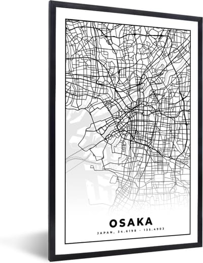 Fotolijst incl. Poster - Kaart - Osaka - Stadskaart - Japan - Plattegrond - 40x60 cm - Posterlijst