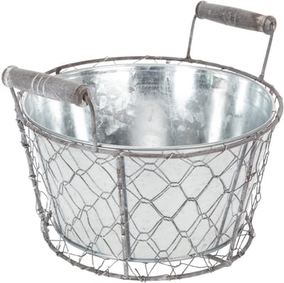 Plantenmand met inzetstuk, draadmand, plantenbak, lentezilver, witgeve