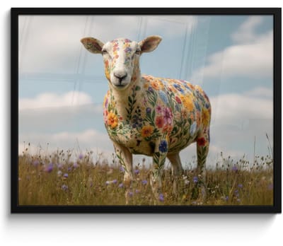 Poster in lijst - Fotolijst 80x60 cm - Posters - Schaap - Bloemen - Weide - Posterlijst zwart - Decoratie - Wanddecoratie woonkamer - Muurdecoratie slaapkamer