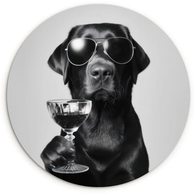 WallCircle® Wandcirkel 120x120 cm - Muurcirkel Hond - Zwart - Wijnglas - Zonnebril - Muurdecoratie woonkamer - Wanddecoratie slaapkamer - Kamer decoratie accessoires - Ronde schilderijen XXL