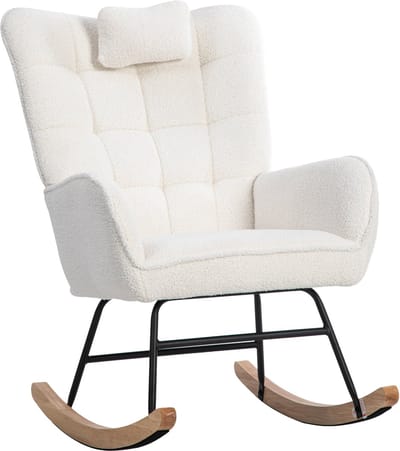 Ergonomische Witte Schommelstoel - Schommelstoel Met Voetenbank - Bouclé Fleece Loungestoel - Inclusief Hoofdkussen - 250 lbs - Woonkamer - 92 cm - Wit