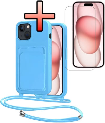 Hoes Geschikt voor iPhone 15 Plus Hoesje Pasjeshouder Cover Met Koord Case Siliconen Hoes Met Telefoonkoord en Kaarthouder Met Screenprotector - Lichtblauw