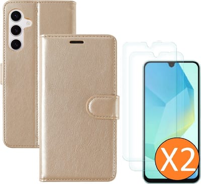Hoesje geschikt voor Samsung Galaxy A16 4G / 5G hoesje Goud pasjeshouder telefoon hoes - Met screenprotector tempered glass voor Galaxy A16 4G / 5G - 2x