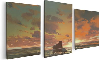 Artaza Canvas Schilderij Drieluik Piano op het Strand bij Zonsondergang - 120x60 cm - Wanddecoratie Woonkamer - Schilderijen - Muurdecoratie