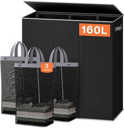 SNJY® Wasmand 3 Vakken - Wassorteerder - Wasbox Kledingmand - 36L x 63,5B x 70H cm - 160L - Zwart