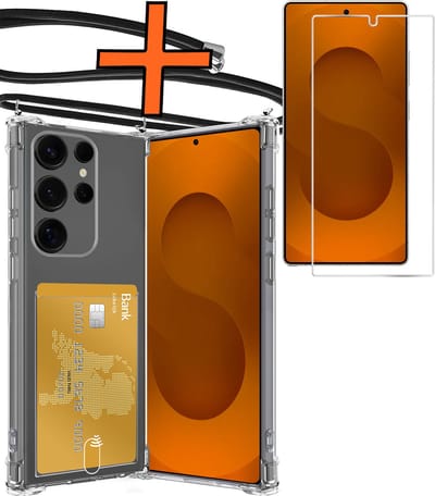 Hoesje Geschikt voor Samsung S25 Ultra Hoesje Met Telefoonketting Pasjeshouder Shockproof Case Met Screenprotector Koord - Hoesje Geschikt voor Samsung Galaxy S25 Ultra Hoes Met Kaarthouder - Transparant
