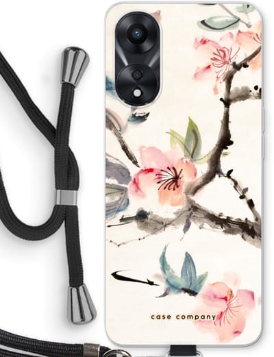 Case Company® - Hoesje met koord geschikt voor Oppo A78 5G hoesje met Koord - Japanse bloemen - Telefoonhoesje met Zwart Koord - Bescherming aan alle Kanten en Over de Schermrand