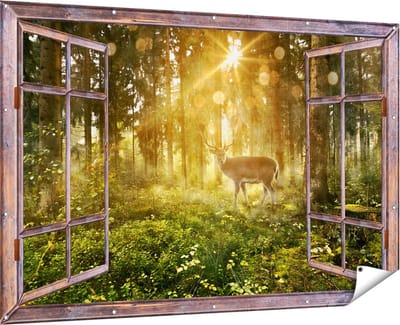 Gards Tuinposter Doorkijk Hert in Bos met Zon - 180x120 cm - Tuindoek - Tuindecoratie - Wanddecoratie buiten - Tuinschilderij