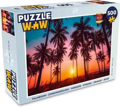 Puzzel Palmboom - Zonsondergang - Horizon - Strand - Oranje - Roze - Legpuzzel - Puzzel 1000 stukjes volwassenen