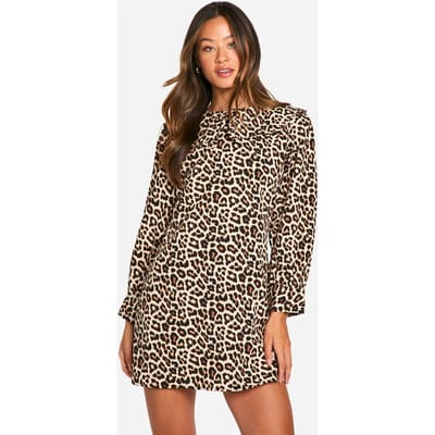 boohoo Dames Lange Jurk met Luipaardprint, Kraagdetail en Volumineuze Mouwen | Maat: 34