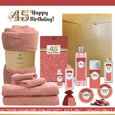 Geschenkset “45 Jaar Happy Birthday!” - 13 producten - 1980 gram | Cadeau Verjaardag - Luxe wellness cadeaubox - Giftset Speciaal voor Haar - Gefeliciteerd - Verjaardag - Cadeaupakket - Gift Set Party - Verjaardagscadeau Goud - Rood - Roze