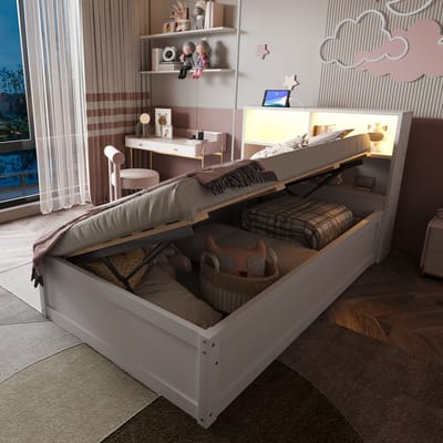 Wishdor – Eenpersoonsbed 90x200 cm – Opbergruimte, stopcontact & led – Hout – Wit – De georganiseerde studentenkamer begint hier