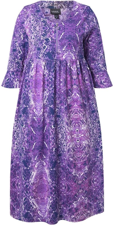 Ulla Popken - Dames - Midi-jurk marmerprint A-lijn ronde hals 3/4-mouw - Purper - Maat 46+