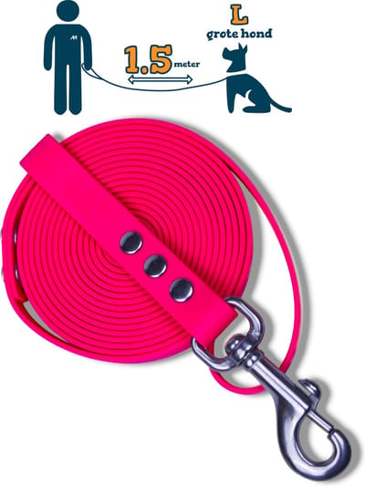Miqdi hondenriem – BioThane® - neon roze – 1.5 meter lang – 19mm breed – L/XL - grote hond