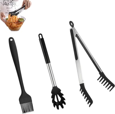 Set van 3 Keukenhulpmiddelen voor Pasta: Spaghetti Lepel, Tangen en Siliconen Kwast voor Makkelijk Serveren en Koken