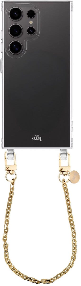xoxo Wildhearts siliconen hoesje - Geschikt voor Samsung Galaxy S25 Ultra hoesje - Dreamy - Telefoonhoesje - Hoesje met koord - Gouden ketting - kort telefoonkoord - Transparant hoesje (korte variant)