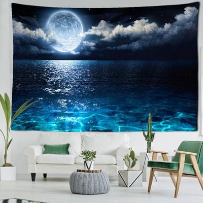 Strand Maan Nachtlandschap Wandtapijt Muurhanger Boheemse Kunst Mysterieuze Toverkunst Hippie Tapiz Huisdecoratie 150x100CM