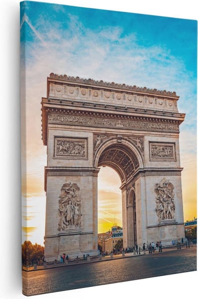 Artaza Canvas Schilderij Parijs - 80x100 cm - Groot - Wanddecoratie Arc De Triomphe - Muurdecoratie Zonsondergang - Schilderijen Op Canvas Frankrijk