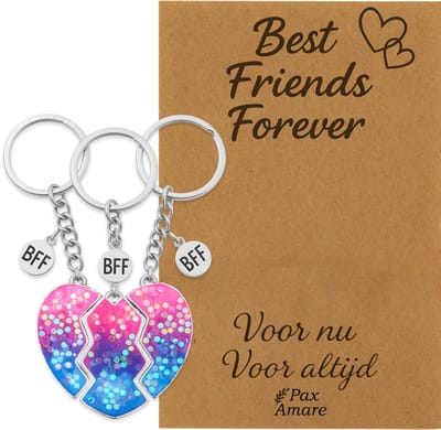 BFF Sleutelhanger voor 3 'Best Friends Forever' - Magnetisch Glitter Hartje - Sleutelhangers op Cadeau Kaartje - Zilverkleurig - Vriendschap Symbool - Pax Amare
