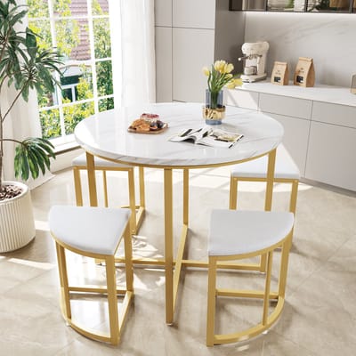 Sweiko Eettafel set met 4-stoelen, Eetset met MDF tafelblad en verguld ijzeren frame, fluwelen stoelen, Moderne luxe tafels en stoelen, Wit