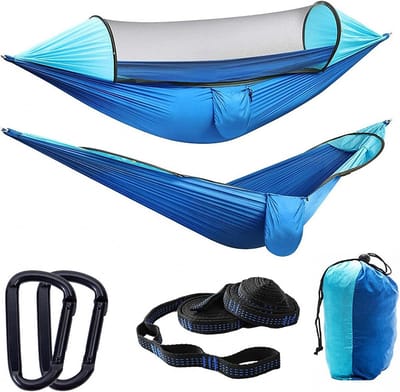 Kampeerhangmat met Klamboe - Outdoor Schommel - Ontspannen in de Natuur - Automatisch Openend - 2.9 x 1.4 Meter - Blauw